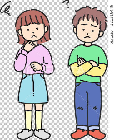 陷入困境的男孩和女孩的可愛線條畫插圖 121316446