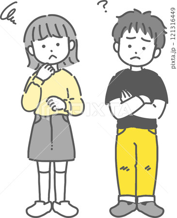 困っている男の子と女の子のかわいい線画イラスト 困っている男の子と女の子のかわいい線画イラスト 121316449
