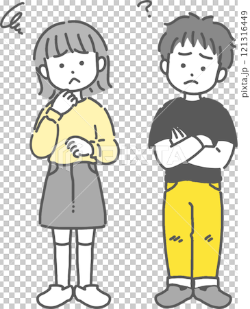Cute line drawing illustration of a boy and girl in trouble 121316449