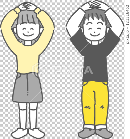 Cute line drawing illustration of a boy and girl making an OK sign with their hands 121316452