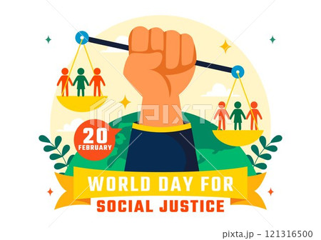 World Day of Social Justice Vector Illustration Featuring Scales and a Gavel Representing Justice, Equality, and Protection Against Injustice 121316500