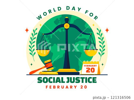 World Day of Social Justice Vector Illustration Featuring Scales and a Gavel Representing Justice, Equality, and Protection Against Injustice 121316506
