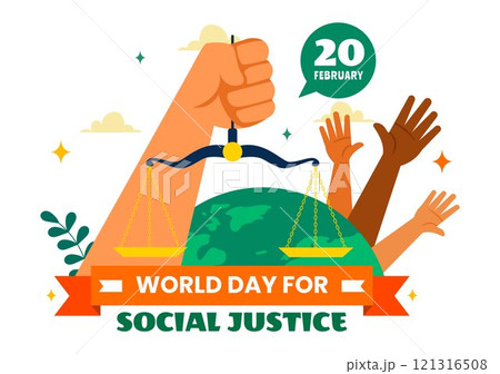 World Day of Social Justice Vector Illustration Featuring Scales and a Gavel Representing Justice, Equality, and Protection Against Injustice 121316508