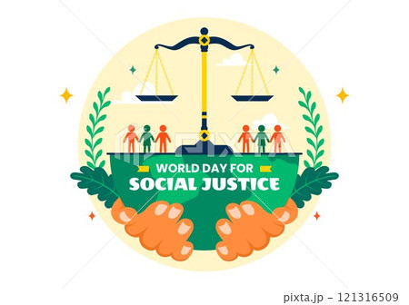 World Day of Social Justice Vector Illustration Featuring Scales and a Gavel Representing Justice, Equality, and Protection Against Injustice 121316509