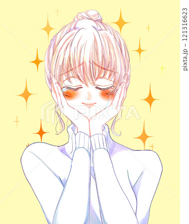 うれし泣きしている女性　顔に手　噛み締める　笑顔 121316623