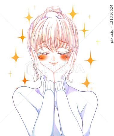 うれし泣きしている女性　顔に手　噛み締める　笑顔 121316624