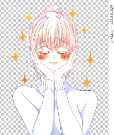 Woman crying with joy, hands on face, biting, smiling 121316624