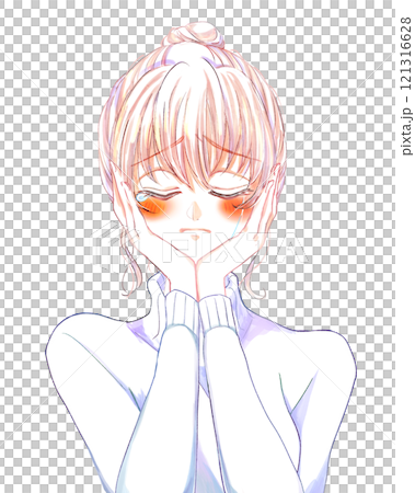 Woman crying with joy, hands on face, biting 121316628