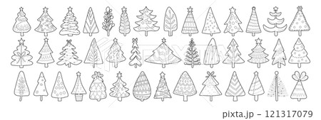 Set of isolated Christmas trees in cute doodle hand-drawn style on a transparent background. Volume 3: Black outline and white plain style. Set of isolated Christmas trees in cute doodle hand-drawn style on a transparent background. Volume 3: Black outline and white plain style. 121317079