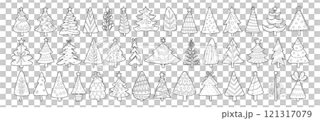Set of isolated Christmas trees in cute doodle hand-drawn style on a transparent background. Volume 3: Black outline and white plain style. Set of isolated Christmas trees in cute doodle hand-drawn style on a transparent background. Volume 3: Black outline and white plain style. 121317079