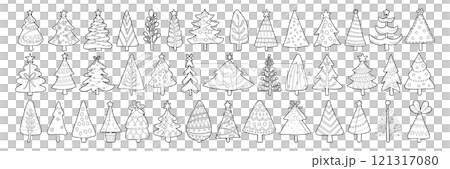 Set of isolated Christmas trees in cute doodle hand-drawn style on a transparent background. Volume 4: Black outline and white plain style. Set of isolated Christmas trees in cute doodle hand-drawn style on a transparent background. Volume 4: Black outline and white plain style. 121317080