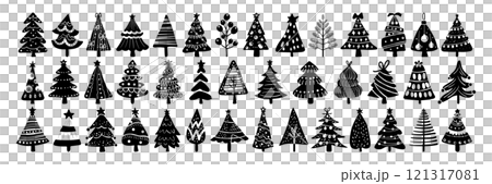 Set of isolated Christmas trees in cute doodle hand-drawn style on a transparent background. Volume 3: Black silhouette style. 121317081
