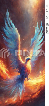 Beautiful Phoenix, reborn bird, flying in the sky - Generative AI 121317108