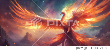 Beautiful Phoenix, reborn bird, flying in the sky - Generative AI 121317109