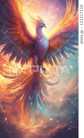 Beautiful Phoenix, reborn bird, flying in the sky - Generative AI 121317110