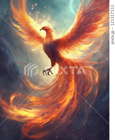 Beautiful Phoenix, reborn bird, flying in the sky - Generative AI 121317111