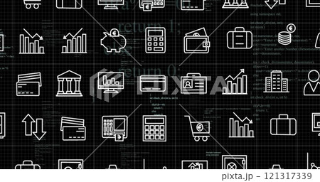 Image of business icons financial data processing over black background Image of business icons financial data processing over black background 121317339