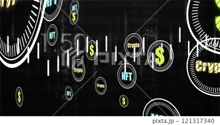 Image of cryptocurrency icons financial data processing over black background 121317340