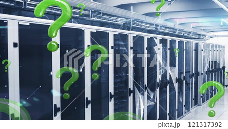 Image of green question marks and data processing over computer servers 121317392