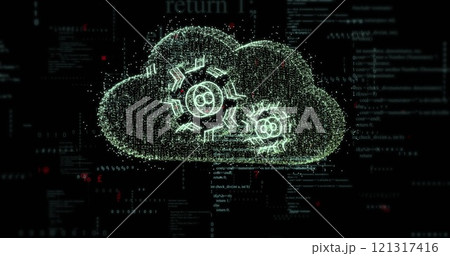 Image of cogs in cloud and data processing over black background 121317416