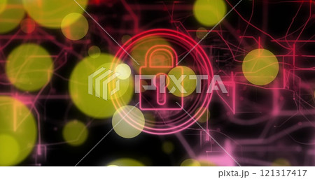 Image of padlock, light trails and data processing over black background 121317417