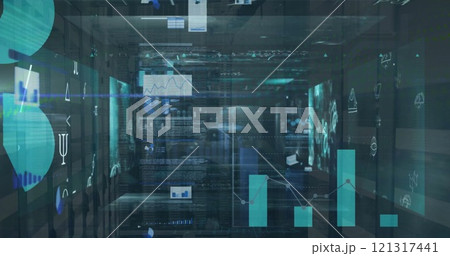 Image of data processing and diagrams over server room Image of data processing and diagrams over server room 121317441