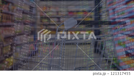 Image of financial data processing over shopping trolley in shop Image of financial data processing over shopping trolley in shop 121317455