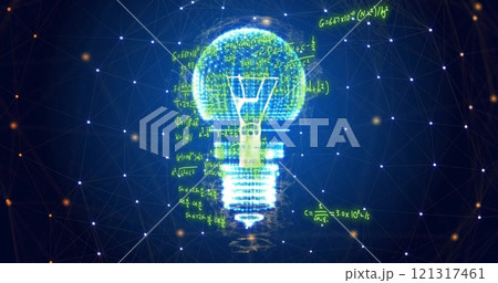 Image of mathematical equations over light bulb and network 121317461