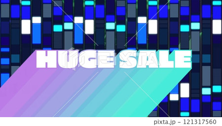 Image of huge sale text in white over flashing blue and white rectangles 121317560