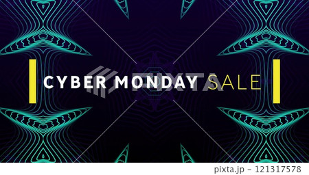 Image of cyber monday sale text over blue kaleidoscopic pattern on black background 121317578