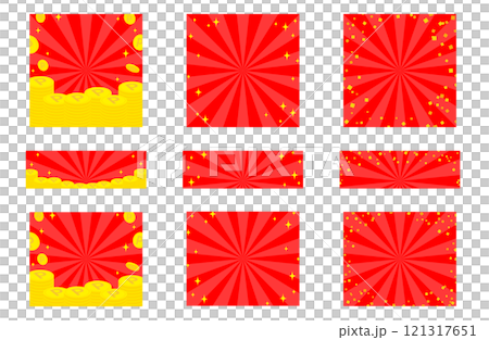 Red concentrated lines and flying coins, glitter, confetti, banner set 121317651