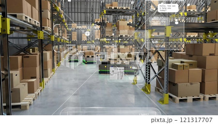 Image of diagrams and data processing over machines working in warehouse Image of diagrams and data processing over machines working in warehouse 121317707