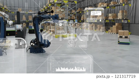 Image of diagrams and data processing over machines working in warehouse Image of diagrams and data processing over machines working in warehouse 121317719