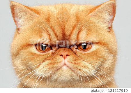 Feline Close-Up with Intense Expression on a Clean White Background 121317910