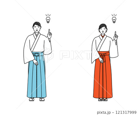 アイデアを思いついた神社の神主と巫女 121317999