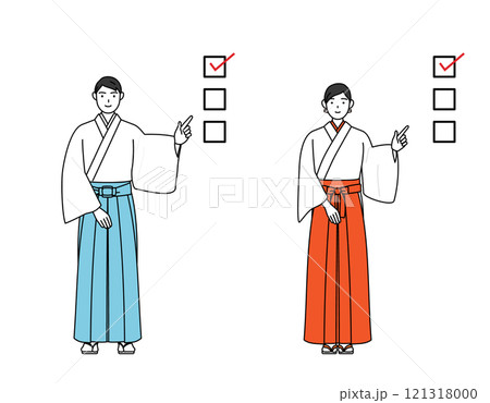 チェックリストを指さす神社の神主と巫女 121318000