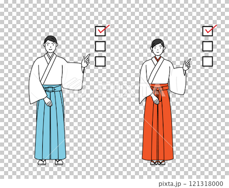 チェックリストを指さす神社の神主と巫女 121318000