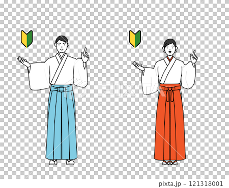 若葉マークを示す神社の神主と巫女 若葉マークを示す神社の神主と巫女 121318001