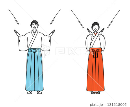 口に手を当てて呼び込みをする神社の神主と巫女 口に手を当てて呼び込みをする神社の神主と巫女 121318005