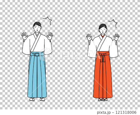 驚いて手を上げる神社の神主と巫女 驚いて手を上げる神社の神主と巫女 121318006