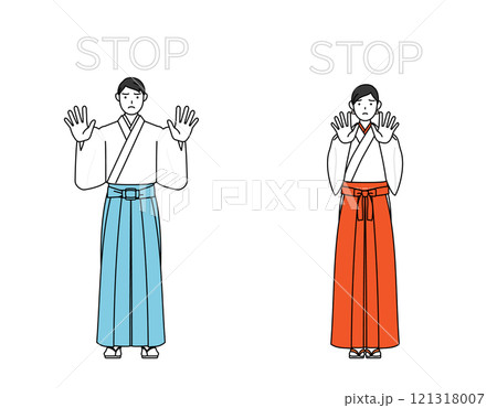 ストップの合図、体の前に手を突き出す神社の神主と巫女 121318007