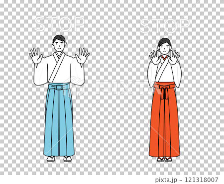 ストップの合図、体の前に手を突き出す神社の神主と巫女 121318007