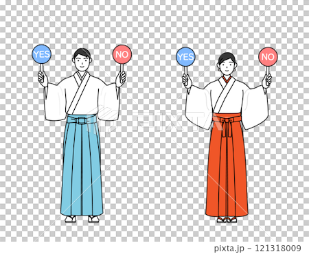 神社和巫女拿著棍子指示正確和錯誤的答案 121318009