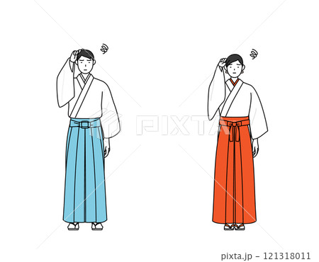 困って頭をかく神社の神主と巫女 121318011