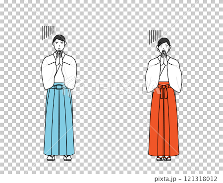 体の前で手を合わせて謝る神社の神主と巫女 体の前で手を合わせて謝る神社の神主と巫女 121318012