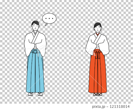腕を組んで考える神社の神主と巫女 121318014