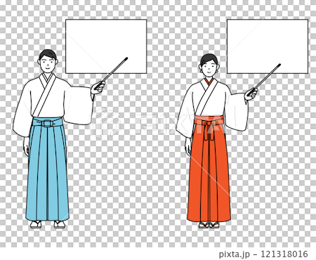 A shrine priest and shrine maiden pointing at a whiteboard with a pointer 121318016