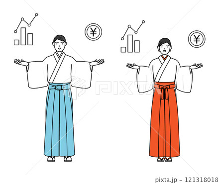 DXのイメージ、業績と売上の向上を案内する神社の神主と巫女 121318018