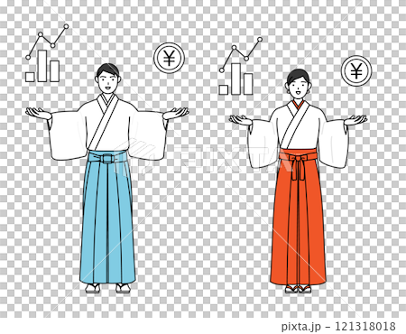 A shrine priest and shrine maiden giving a guide to the image of DX and improving business performance and sales 121318018
