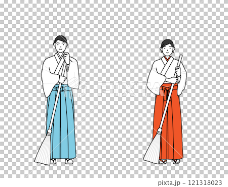 神官和巫女用掃帚打掃衛生 121318023